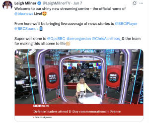 Leigh Miller tweet showcasing BBC News Live